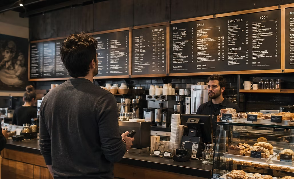 Customer considering a large café menu while a barista waits at the counter