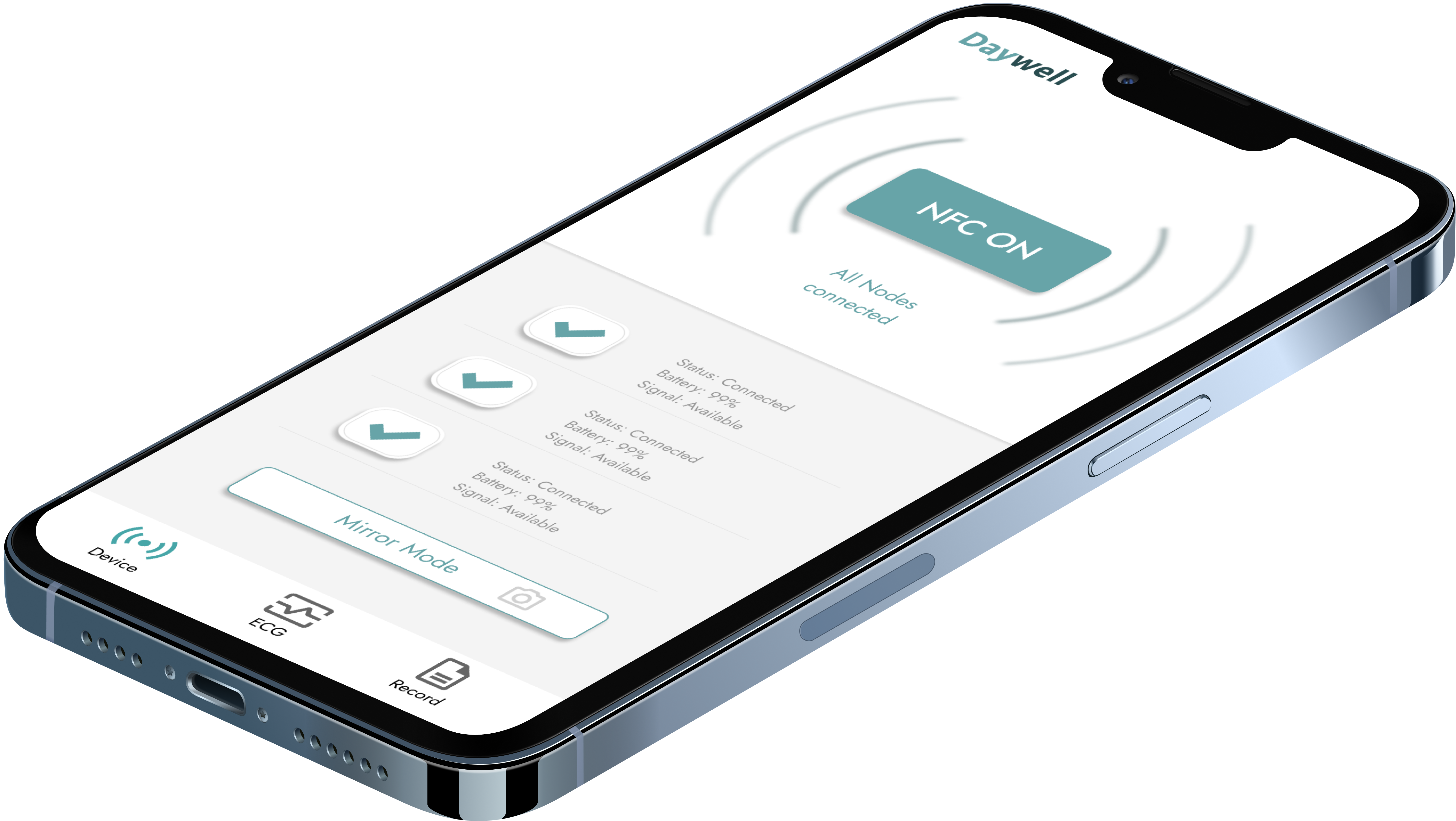 Final Daywell mobile interface pairing three nodes with NFC