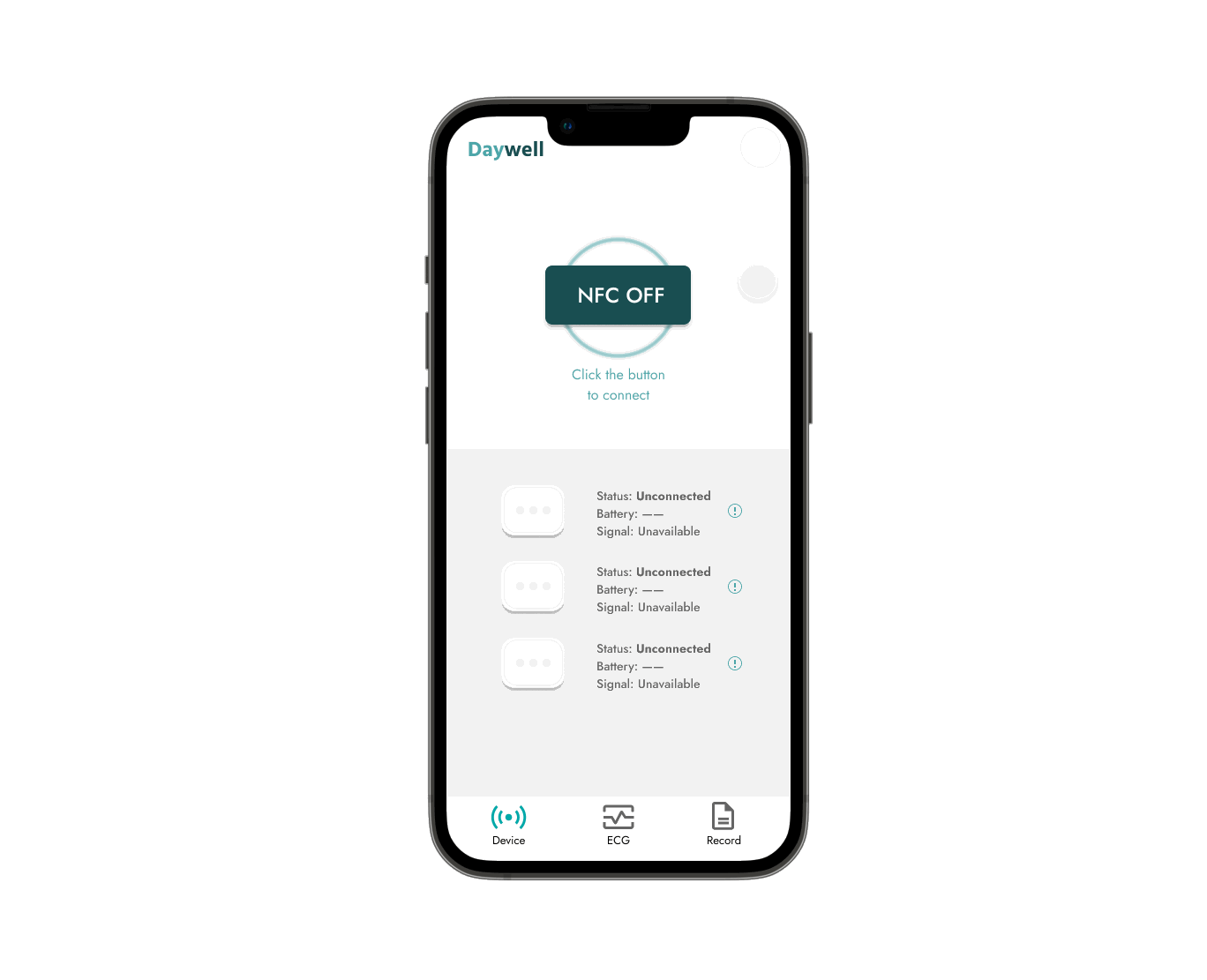 Animated Daywell prototype demonstrating one-click NFC pairing